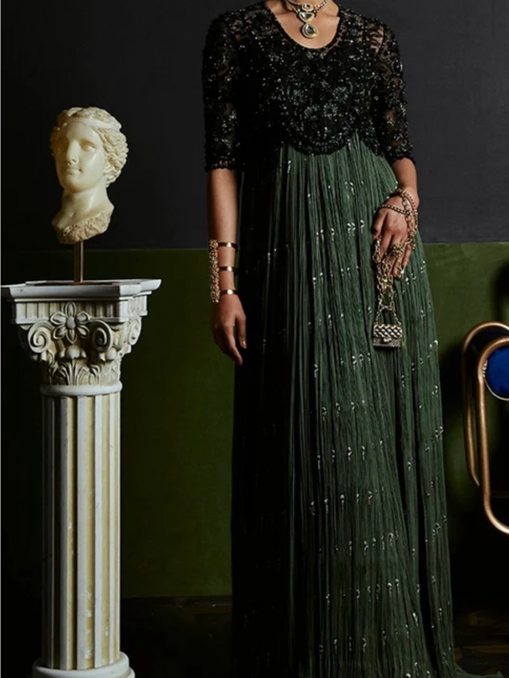 Embellished Dark Green Maxi Dress with Beaded Bodice